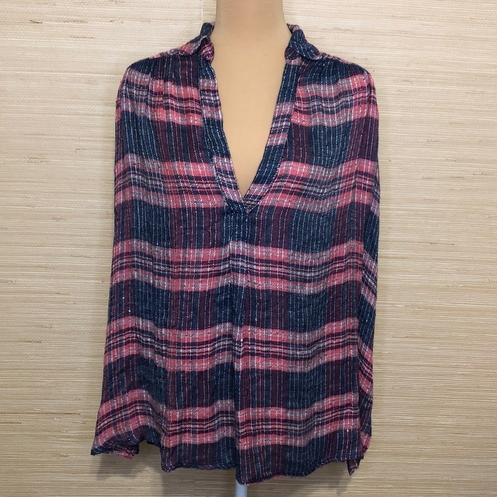 Free People Plaid Fearless Love Bell Metallic  Sequin V-neck Shirt size Small